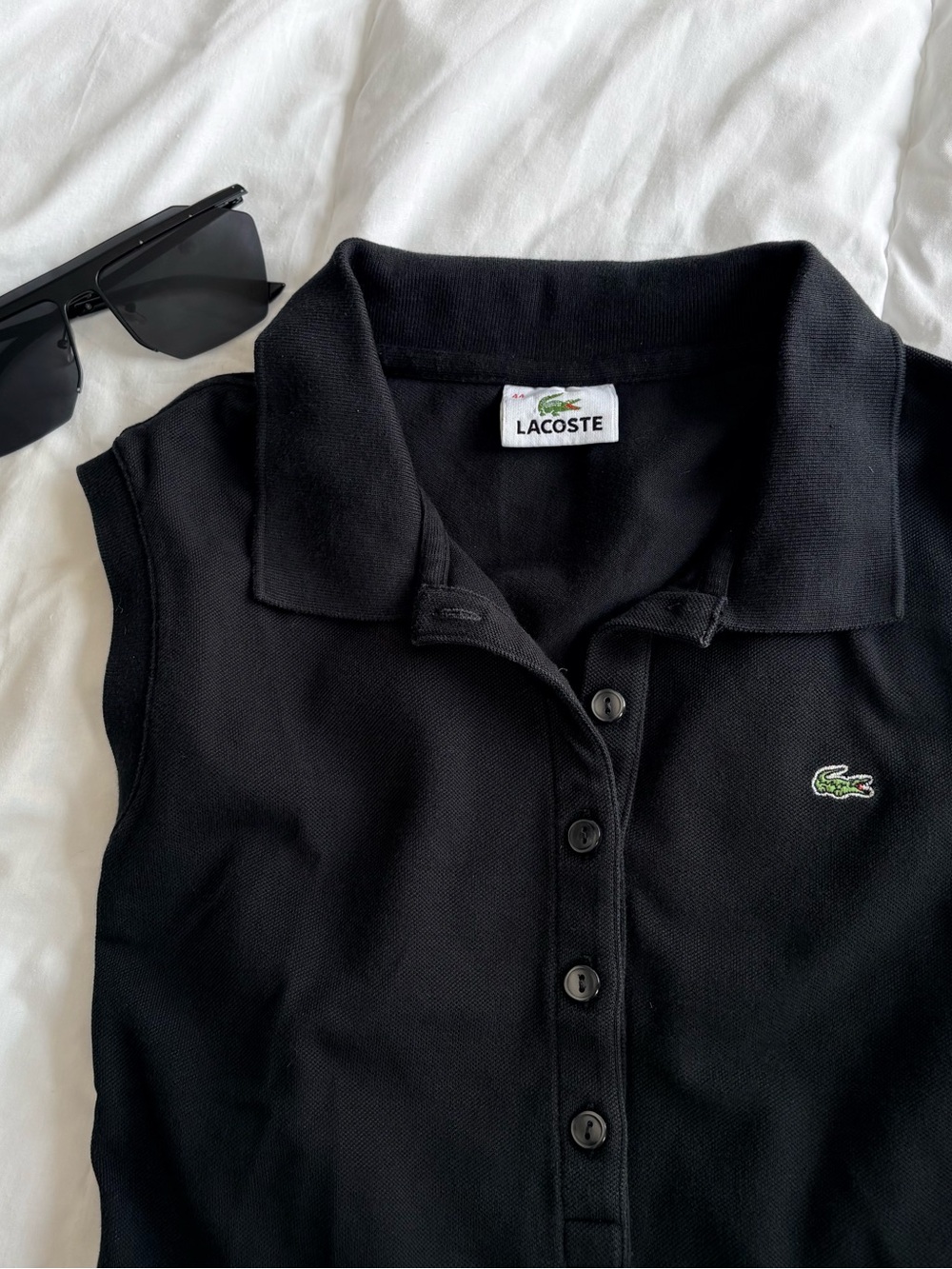 Lacoste Black Sleeveless Polo Top Women’s M/44 Slim Fit Croc Logo Preppy Tennis
